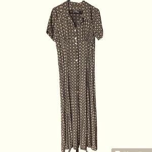 Vintage 90s Juilly maxi swing dress Sz M short sleeve black and Dk tan Geo shape